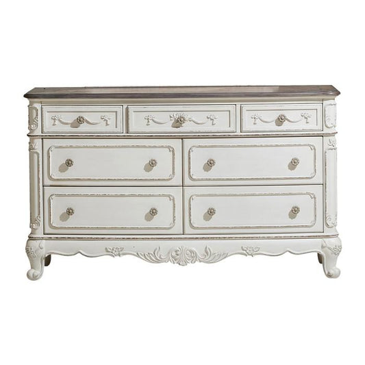 Cinderella 7 Drawer Dresser in Antique White with Grey Rub-Through